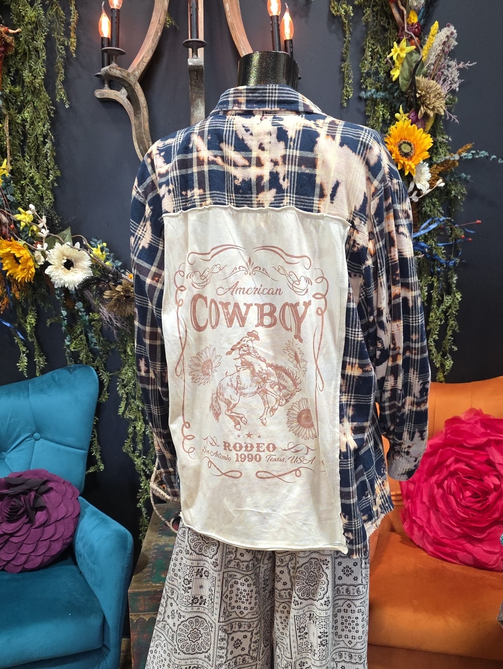 American Cowboy Graphic Flannel Button-Down Shirt - Navy/Cream